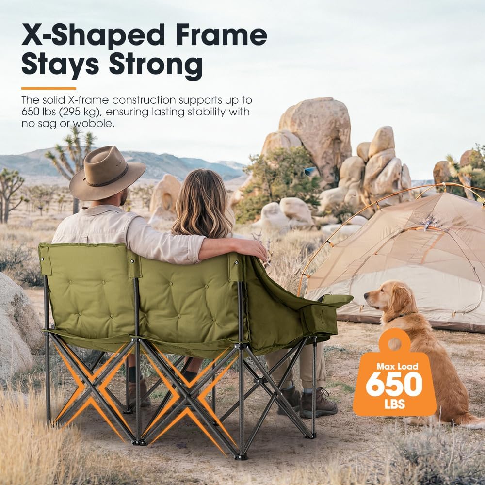 SAN HIMA Double Camping Chair for 2 Person, 650 LBS Heavy Duty Folding Lovese...