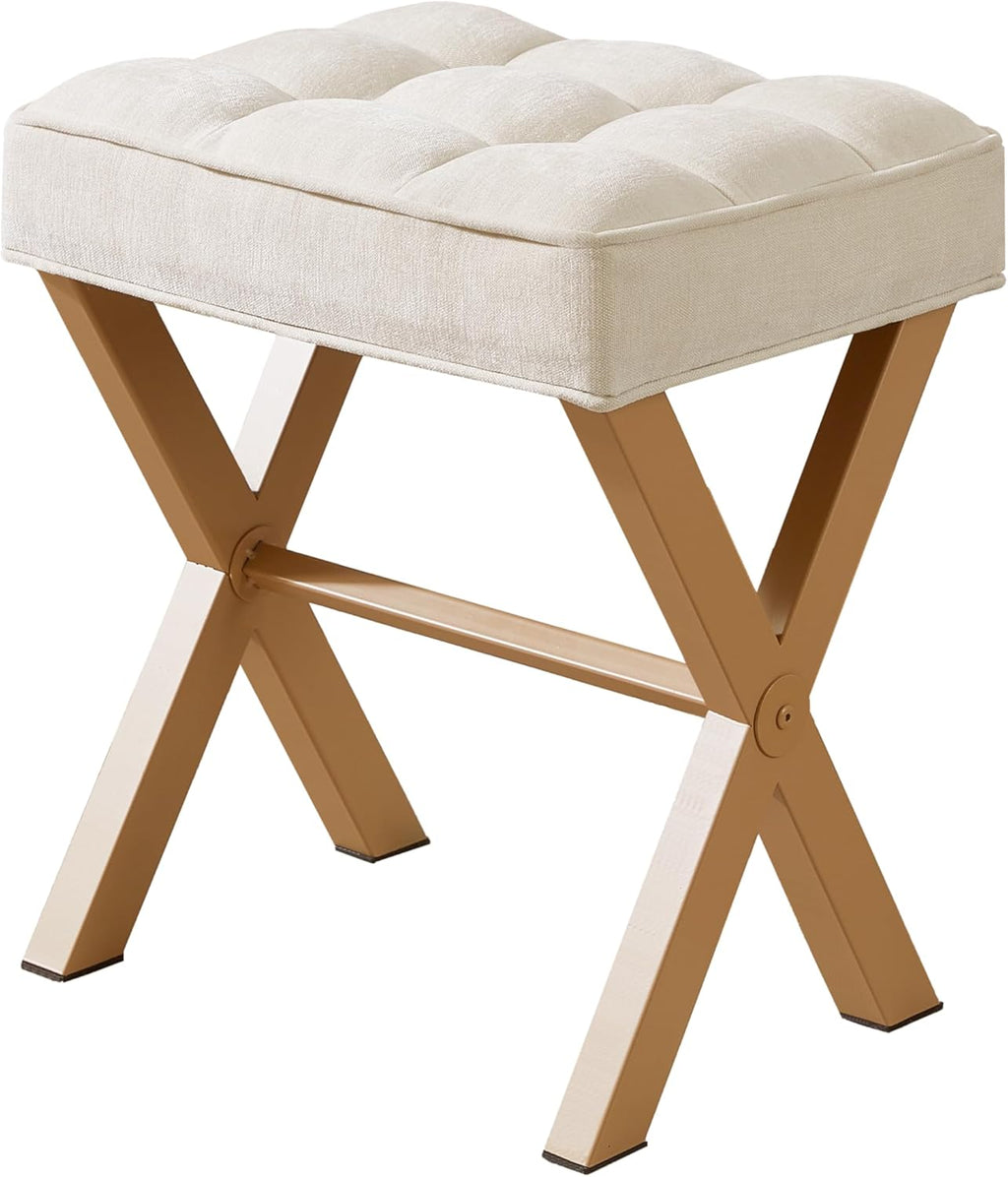 Royal Windsor Vanity Stool,Square Ottoman Stool Foot Rest,Upholstered Vanity Chair Foot Stool with Metal X Legs, Small Vanity Seat for Entryway,Bedroom and Living Room,Linen Beige