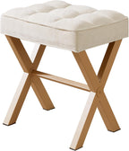 Royal Windsor Vanity Stool,Square Ottoman Stool Foot Rest,Upholstered Vanity Chair Foot Stool with Metal X Legs, Small Vanity Seat for Entryway,Bedroom and Living Room,Linen Beige