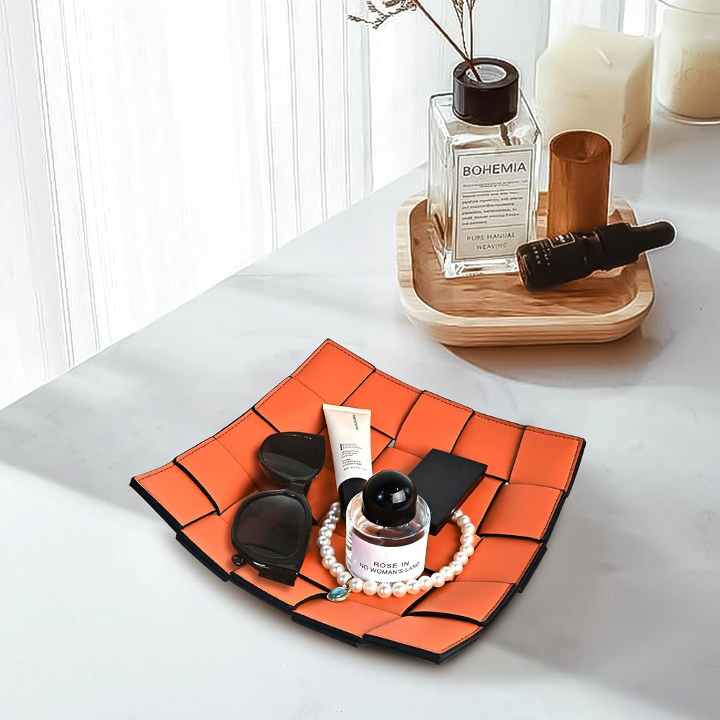MSJGA Valet Tray PU Leather Key Holder Bowl for Women and Men Entryway Table Nightstand Desk Tray for Wallet, Keys Men's Gift - Orange & Black, 9.8" L x 9.8" W x 2" H