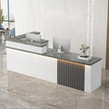Receptionist Desk with LED Light，Wooden Salon Checkout Counter with Storage Drawer & Keyboard Tray Modern L-Shaped Reception Desk for Barbershop Office Company Store