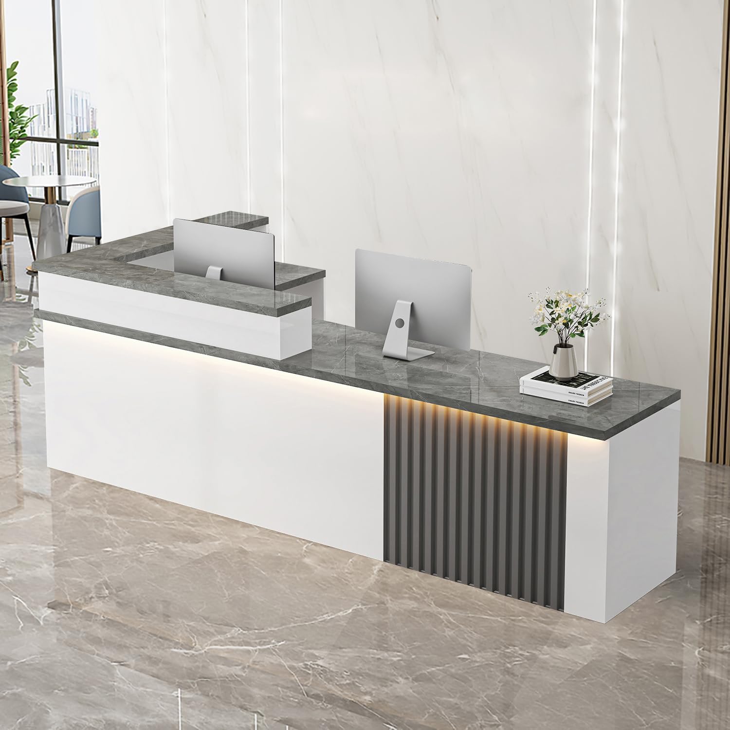 Receptionist Desk with LED Light，Wooden Salon Checkout Counter with Storage Drawer & Keyboard Tray Modern L-Shaped Reception Desk for Barbershop Office Company Store