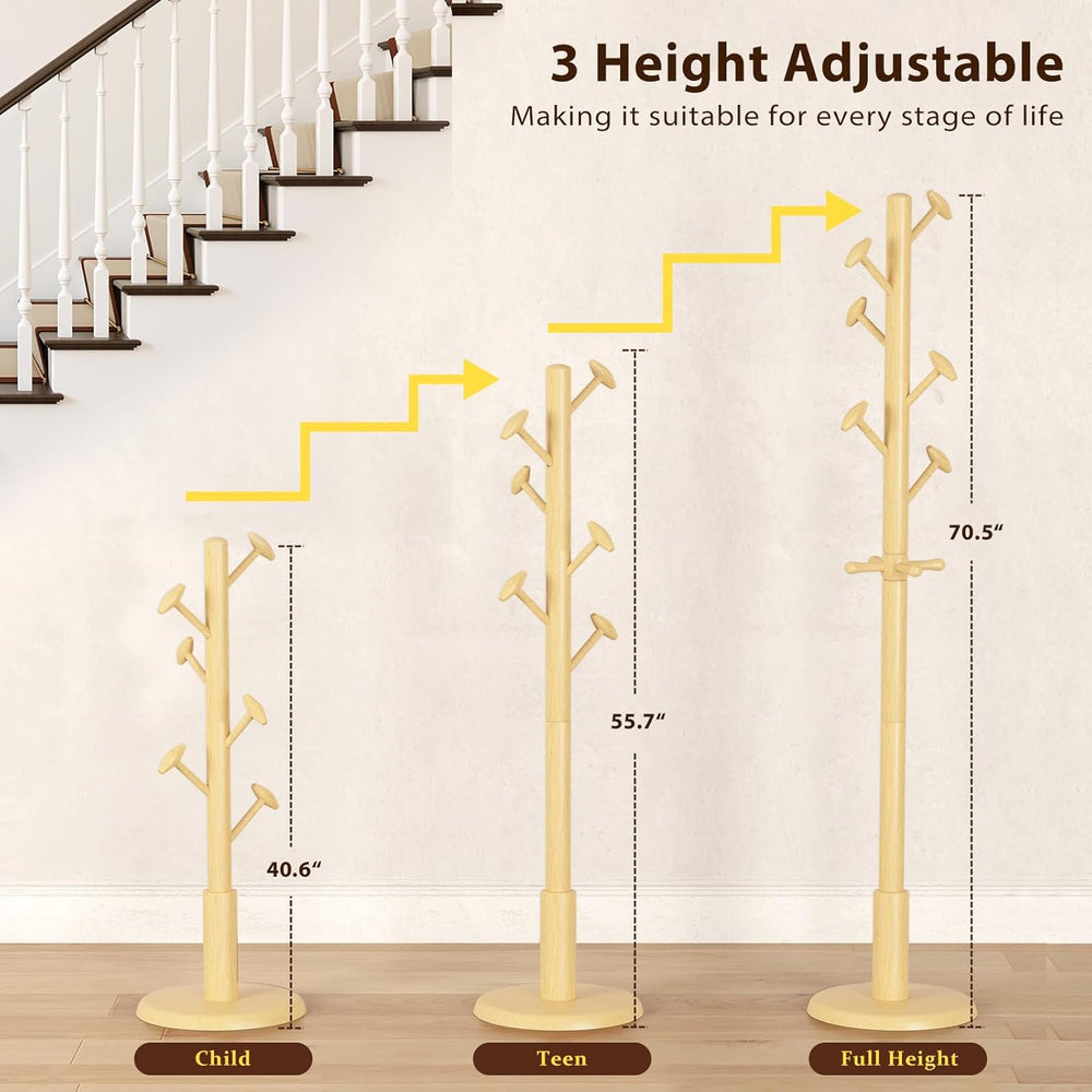Taitiy Solid Wooden Coat Rack Stand Freestanding Hall Tree with 10 Hooks