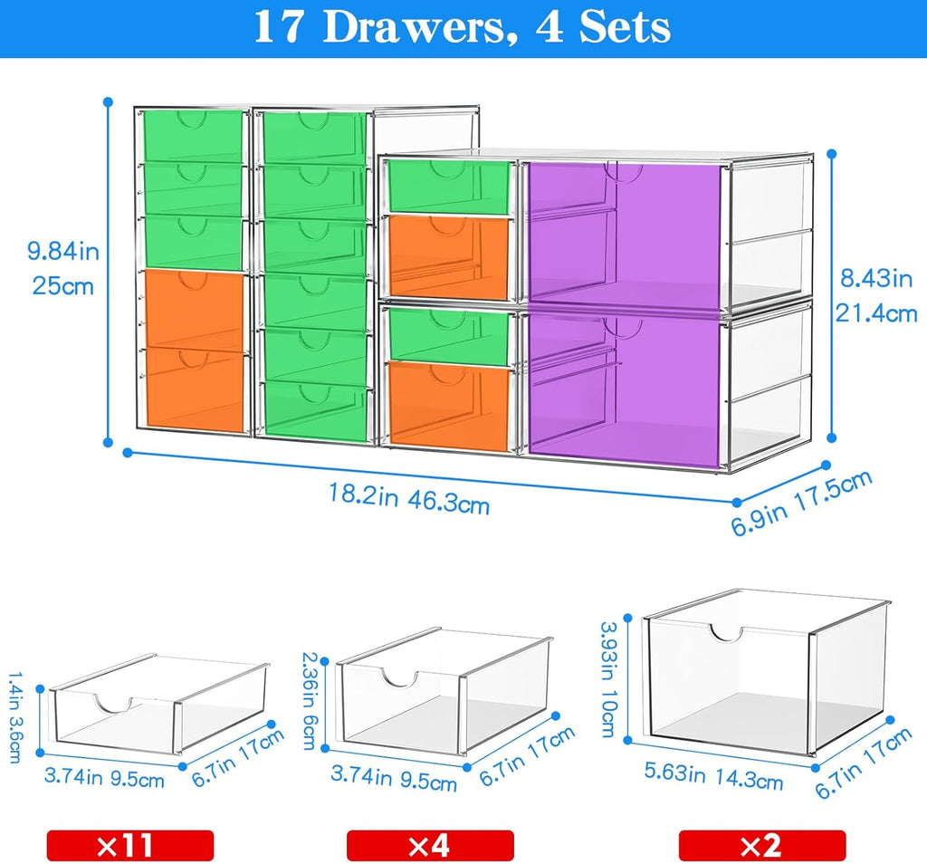 Makeup Acrylic Organizer with 17 Drawers(4 Sets), Desk Organizers and Accessories, Clear Makeup Organizer, Dustproof Storage Drawers for Office Art Craft Supplies