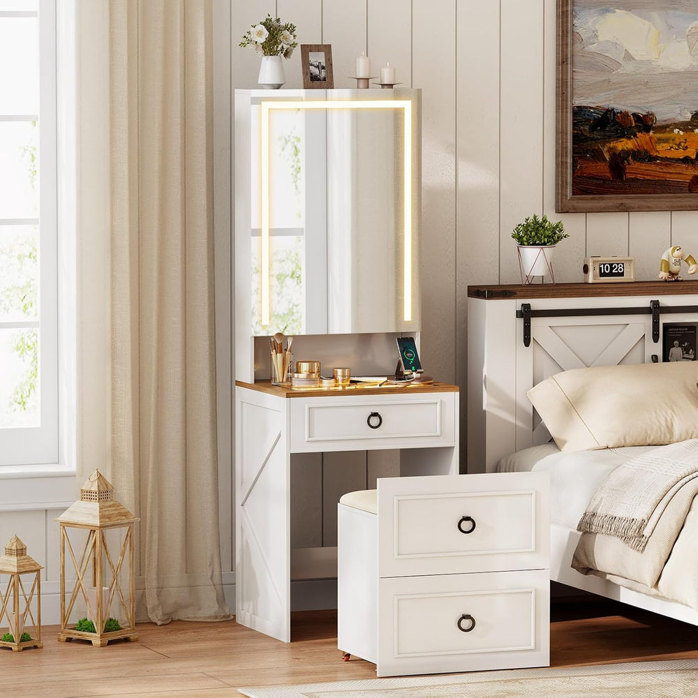 Small Vanity Desk with Mirror and Lights, Charging Station(White) | Makeup Va...