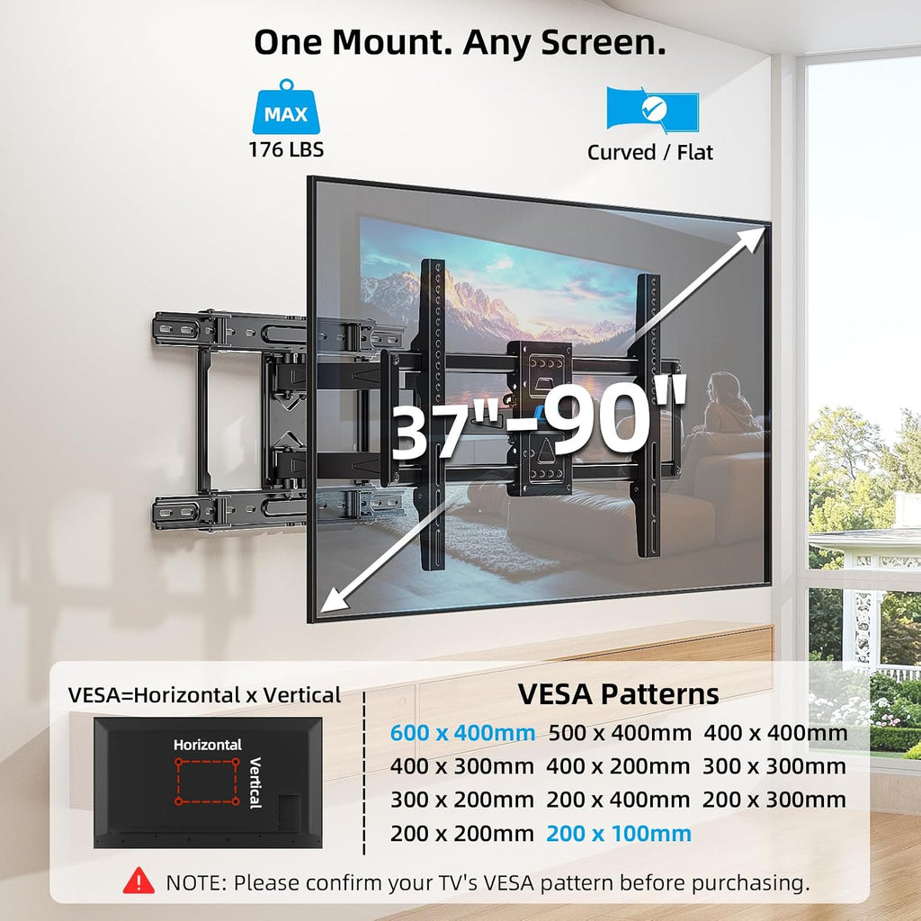 HOME VISION Full Motion Articulating TV Wall Mount for 37-90 Inch TVs up to 176 lbs, Fits 24" Wood Studs (8-24"), Heavy Duty TV Bracket & Mounts, Extendable Arm & Swivel Tilt Level, Max 600x400mm VESA