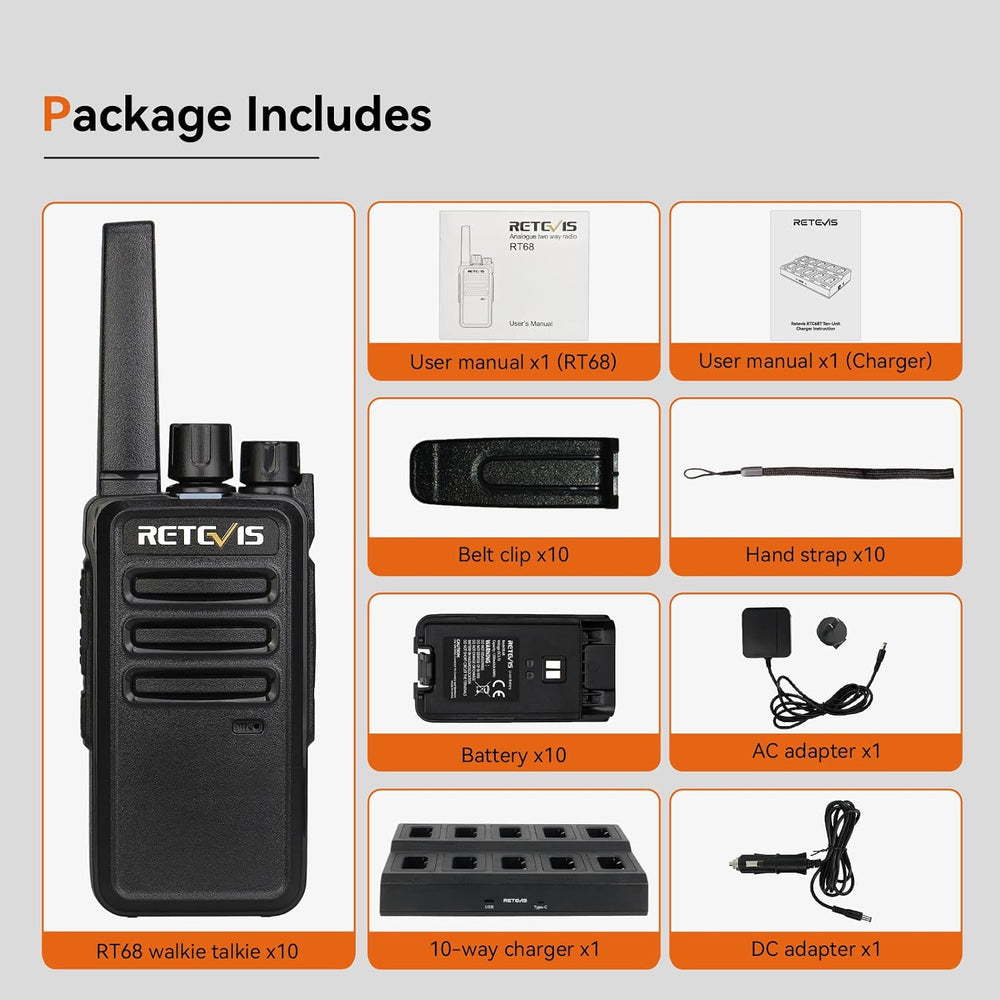 Retevis RT68 Walkie Talkies Long Range Rechargeable (10 Pack) with Charger
