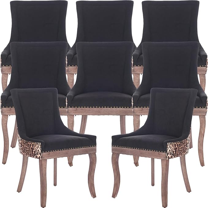 Dining Chairs Set of 8, Kitchen & Dining Room Chairs, Leopord Fabric Upholstered Dinning Chairs, Sillas De Comedor, Nailhead Trim, Wood Legs (Leopord, 8 Pcs)