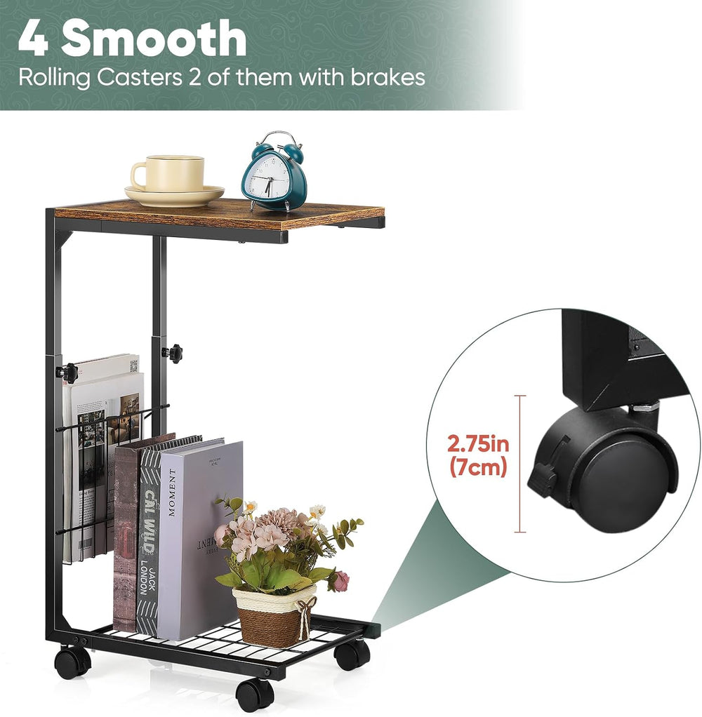 C Shaped Side Table Small End Table with Wheels Slide Under Couch Table for S...