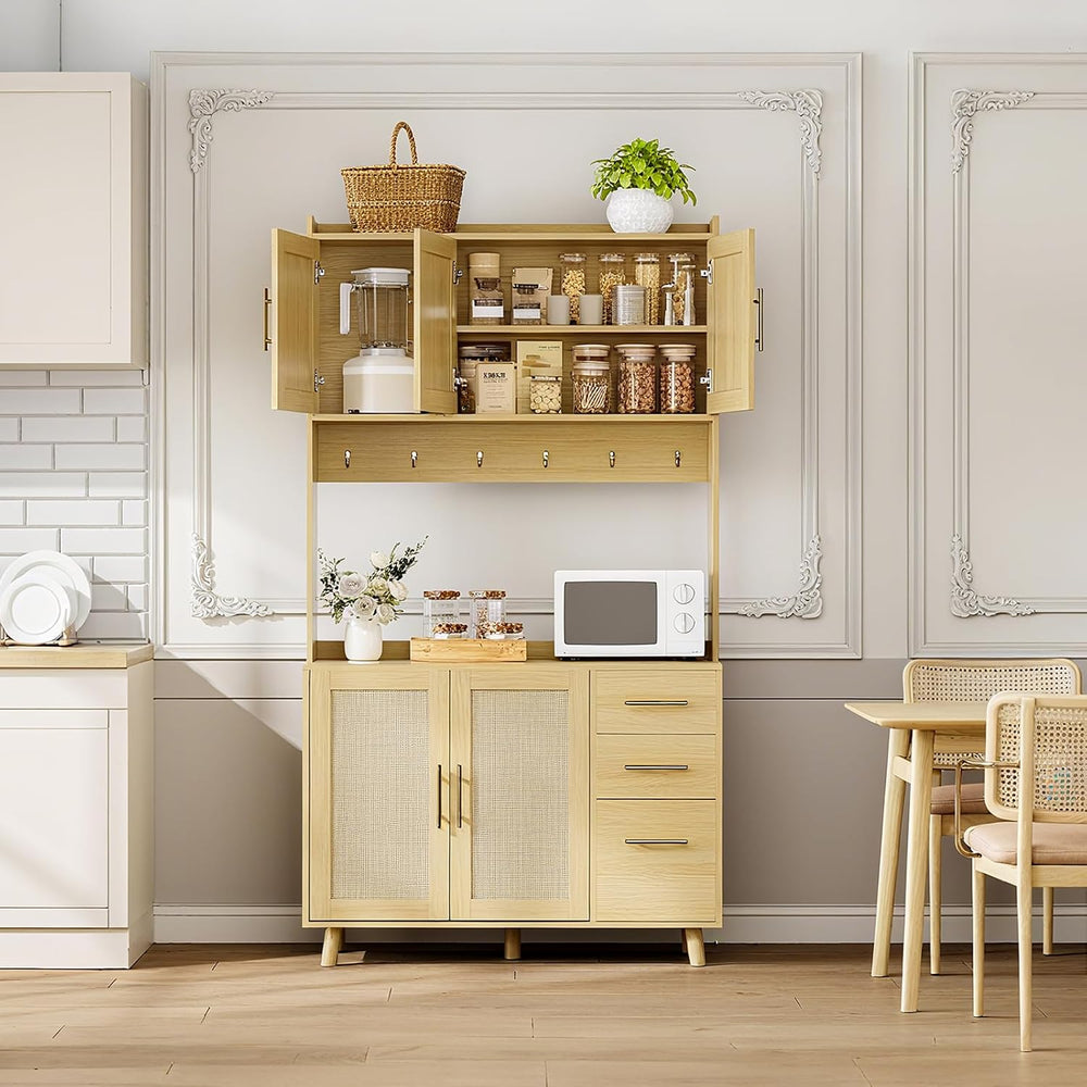 71" Tall Rattan Door Kitchen Pantry Cabinet, Freestanding Storage Hutch ...