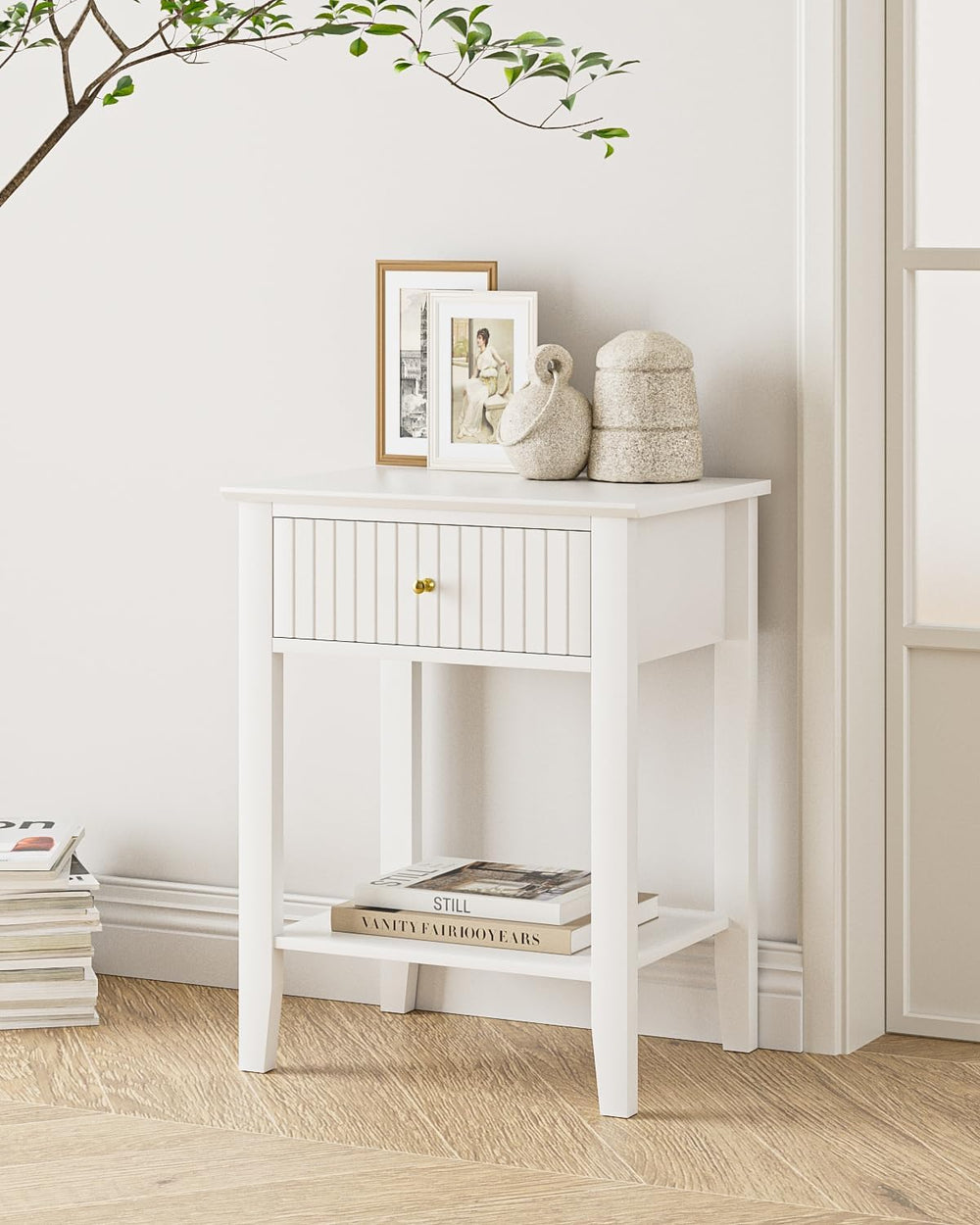 Fluted Nightstand, Farmhouse Night Stand with 1 Drawers, Mid Century Modern S...