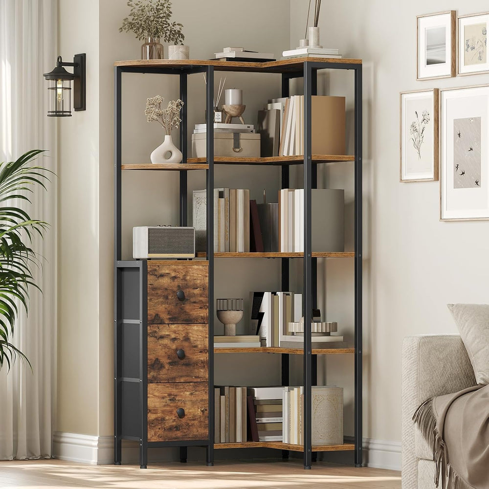 YATINEY Corner Bookshelf, 5-Tier L-Shaped Bookcase with 3 Fabric Drawers, Sto...