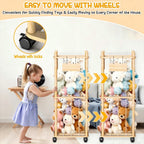 Stuffed Animal Storage & Holder, Natural Pine Wood Plushies Storage with Wheels, Large Capacity Stuffed Animal Zoo with Elastic Cord, Space Save Toy Organizer for Playroom Bedroom & Toddler Room