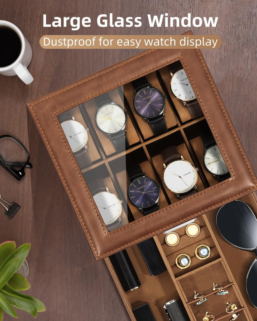 Uten 8-Slot Watch Box, 2-Layers PU Leather Watch Case with Glass Lid, Watch Holder Organizer with Soft Pillow and Velvet Lining, Watch and Jewelry Storage Box, Brown