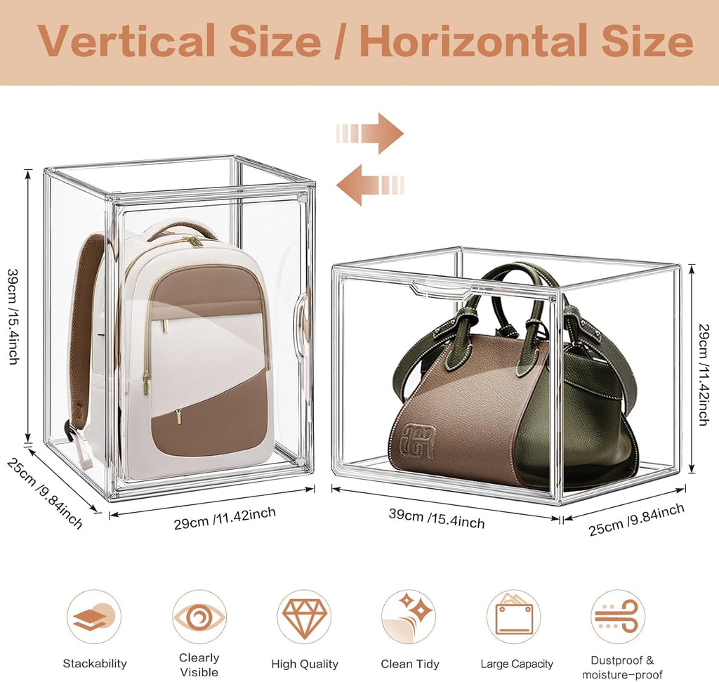 3 Packs Clear Handbag Storage Organizer for Closet, Acrylic Display Case for Purse Handbag, Stackable Purse Organizer Storage Box with Magnetic Lids for Wallet Book Collectibles