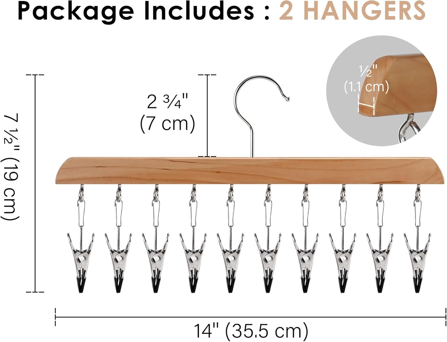 StorageWorks Hat Rack, Closet Organizer and Storage for Baseball Caps,Set of 2 with 10 Adjustable Stainless Steel Clips, Fits All Caps, Natural Wood Color