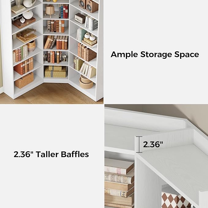 IRONCK Corner Bookshelf, 7-Tier Bookshelf with Storage, Corner Bookcases with Baffles Etagere Shelf for Living Room Home Office Bedroom, White