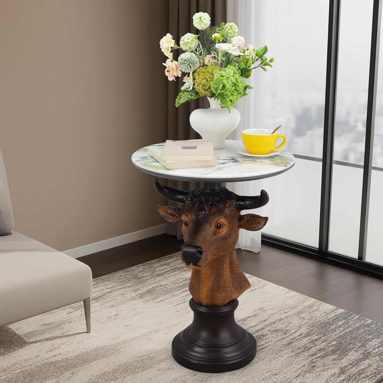 Bull Head Accent Side Table - End Table with Faux Marble Top Unique Cow Statue Decor for Living Room Bedroom Entryway Elegant Animal Sculpture Modern Classical Decoration, Brown