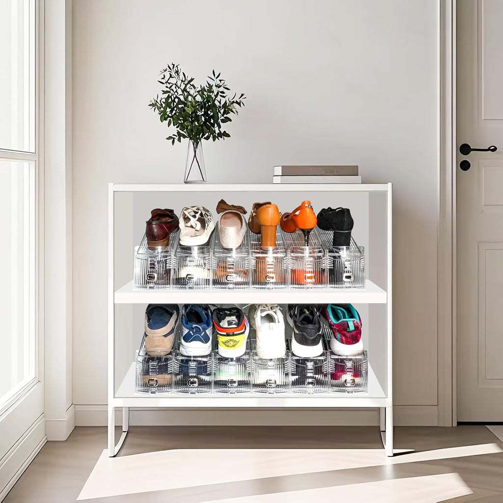 Shoe Slots Organizer, 12PCS Adjustable Double Layer Stack Shoe Rack, 50% Space-Saving Storage Rack Holder, Transparent