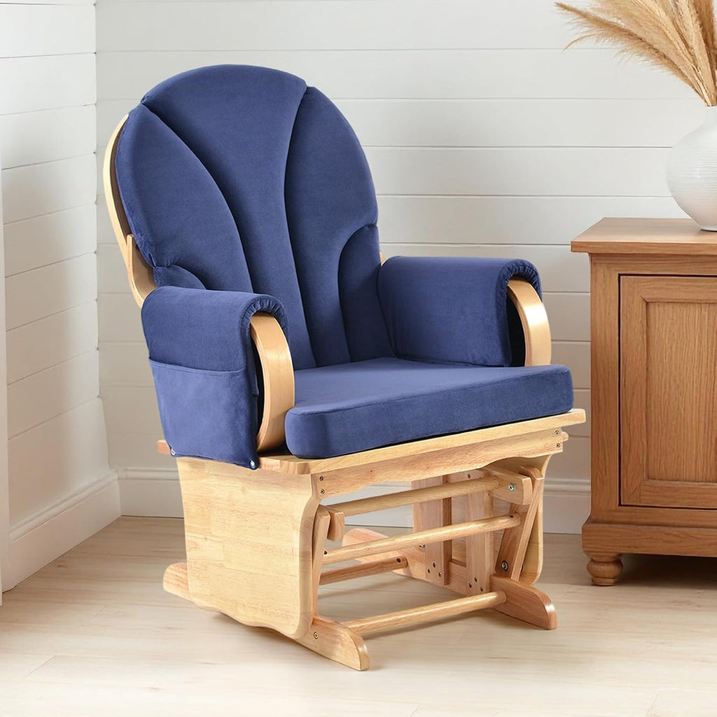 Natural Wood Glider Rocker Chair, Silent Smooth Gliding Nursery Rocking Chair with Solid Hardwood Base, Safety Design, Comfy Cushion for Baby Feeding, Nursery, Living Room, Bedroom, Blue