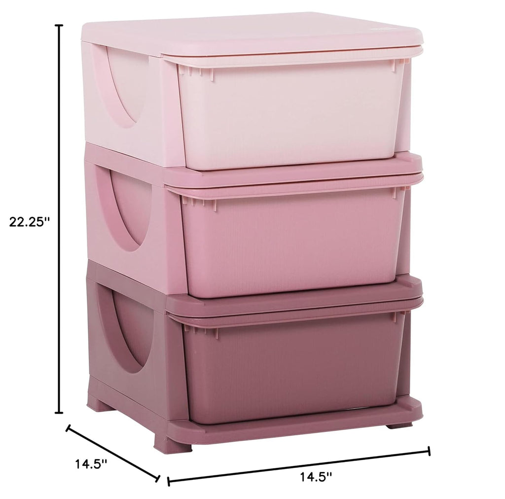 Qaba 3 Tier Kids Storage Unit, 3 Drawer Chest Toy Organizer Plastic Bins for Kids Bedroom Nursery Kindergarten Living Room for Boys Girls Toddlers, Pink