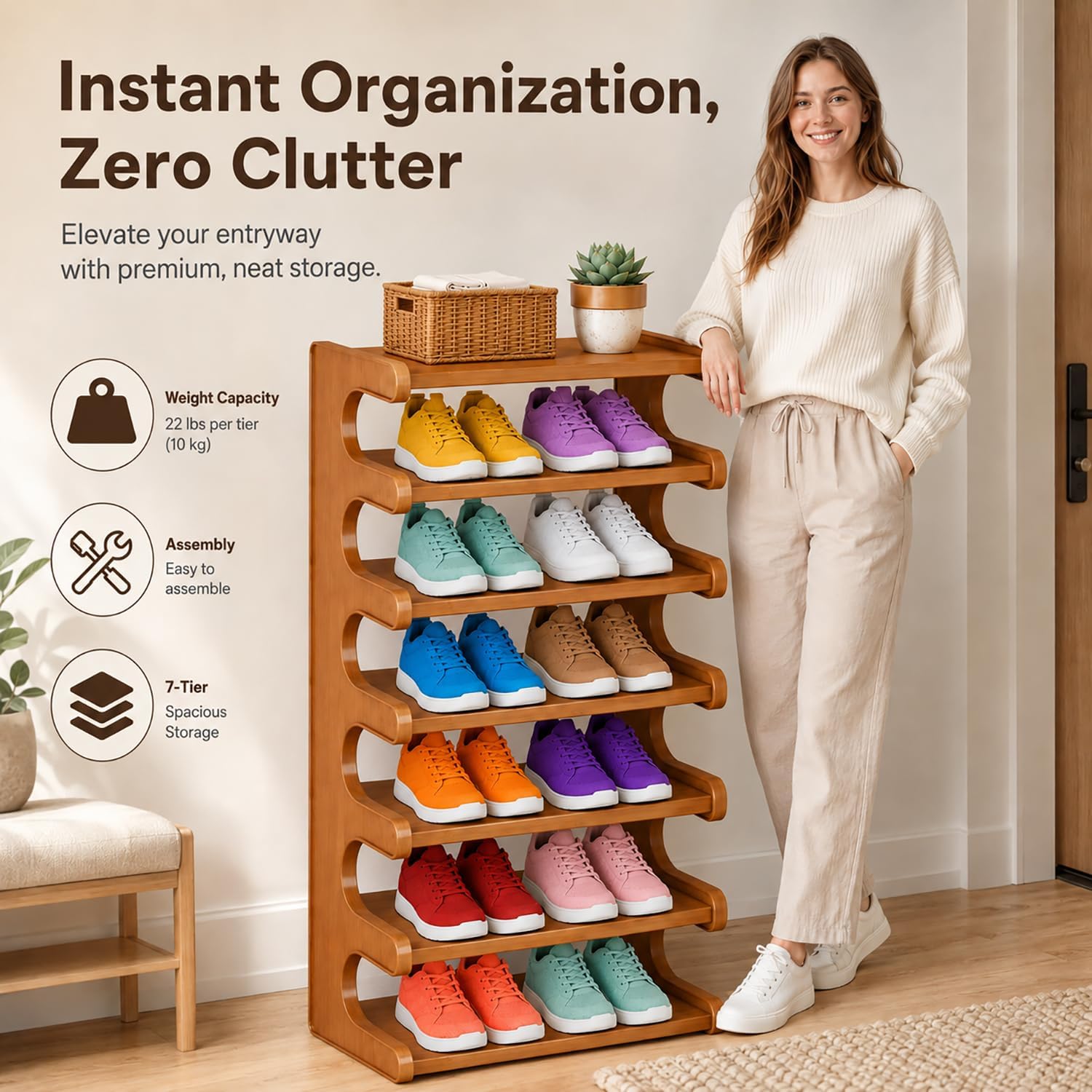 Vertical Wooden Shoe Rack Tower - 7 Tier Tall Organizer for Entryway | Freestanding Floor, Top Shelf Storage, Closet & Bedroom & Small Space Use