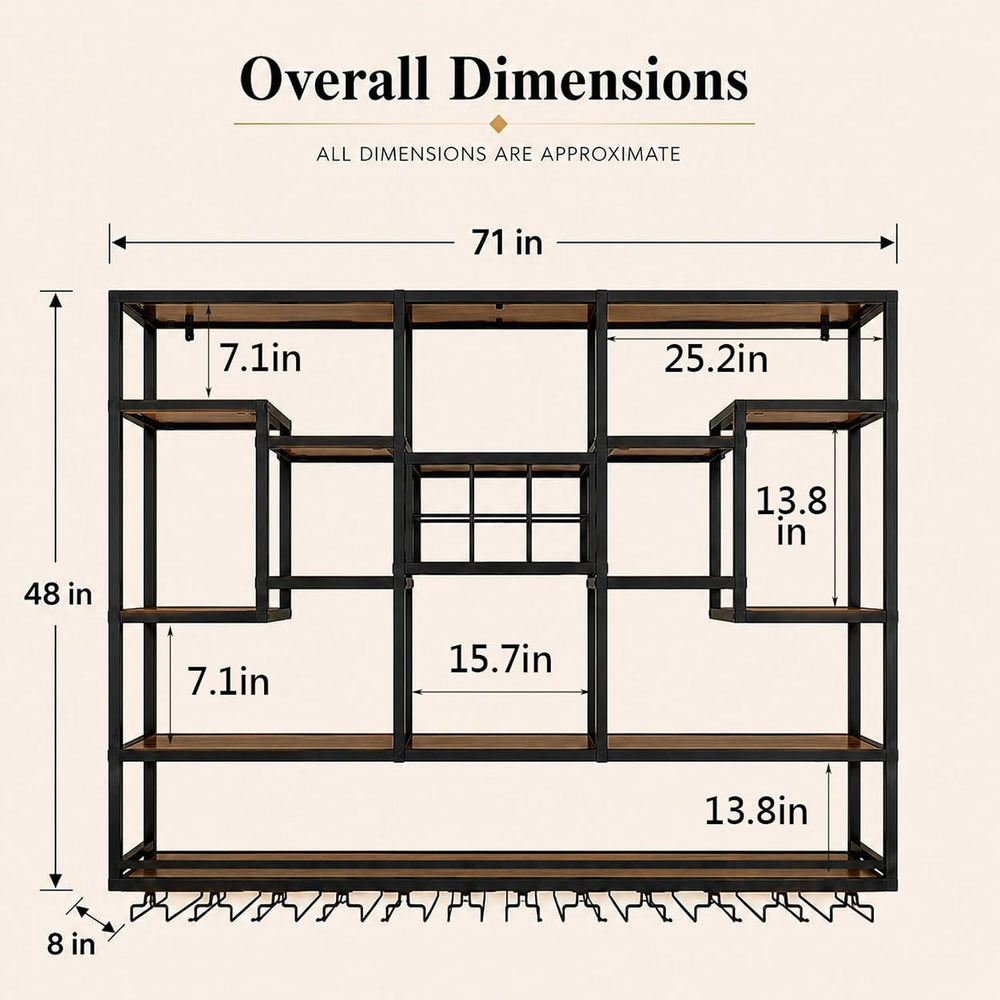 71in LED Wall Mounted Wine Rack with Stemware Holder and Wood Shelves | Combi...