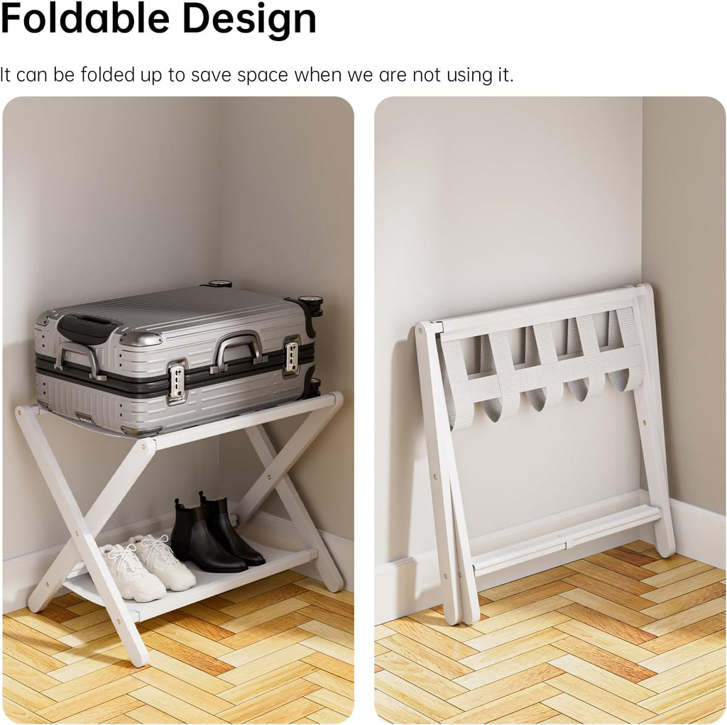 HITNET White Luggage Rack, Set of 2, Folding Suitcase Stand with Storage Shelf, Bamboo Luggage Holder with 5 Nylon Straps for Guest Room Bedroom Hotel