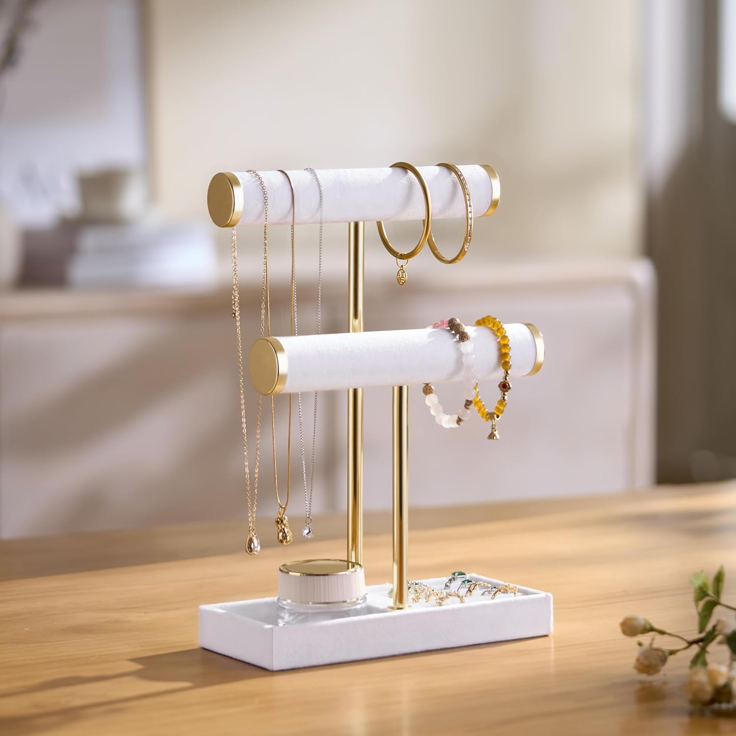 2 Tier Bracelet Holder Display - Detachable T Bar White Velvet Bracelet Holder, Jewelry Holder Organizer for Bracelet, Necklace, Earrings, Rings