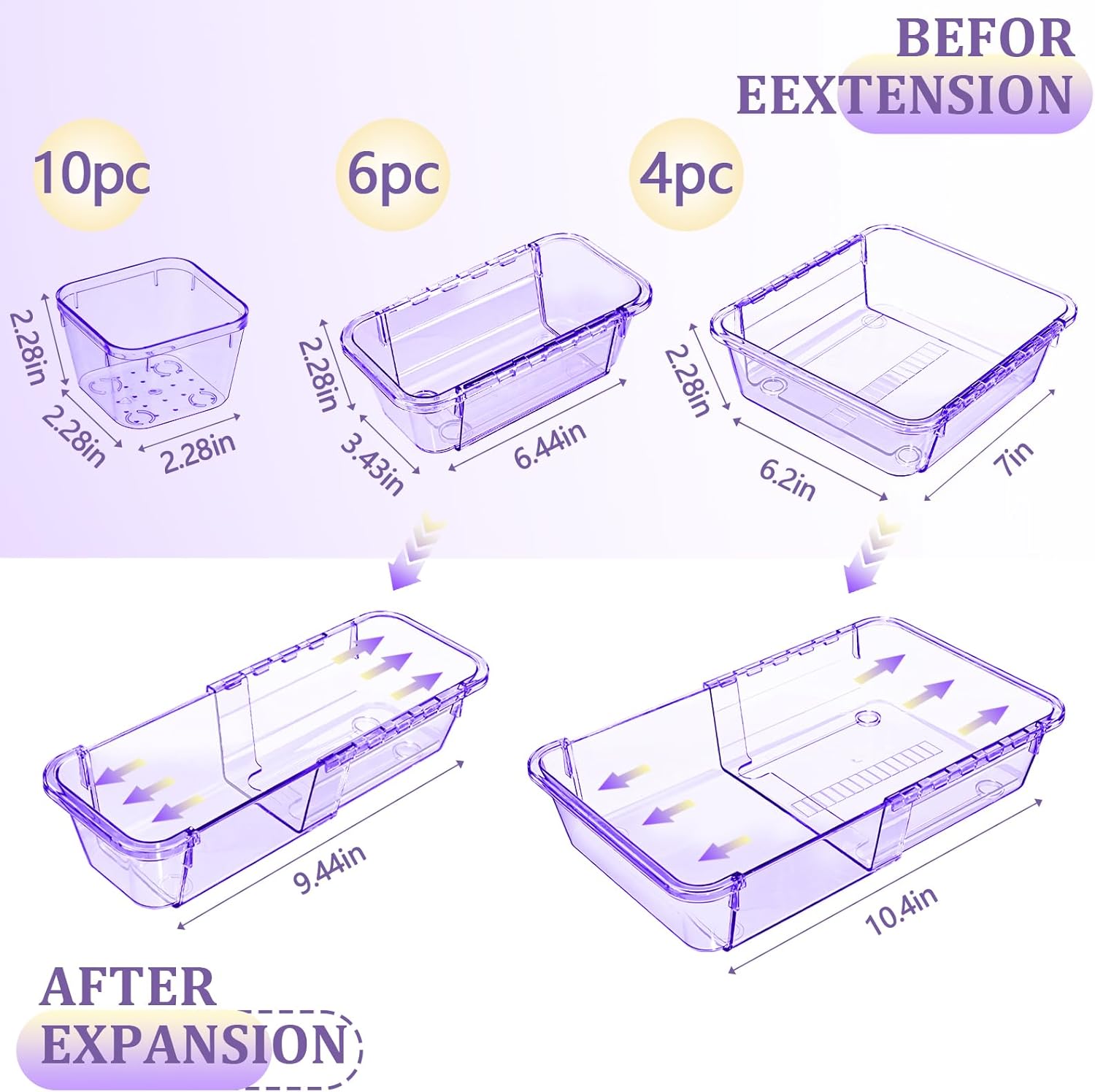 20 Pcs Adjustable Clear Drawer Organizer, Extendable Vanity Storage Bins, Desk Drawer Organizer Set for Makeup, Cosmetics, Bedroom, and Gadgets, Purple
