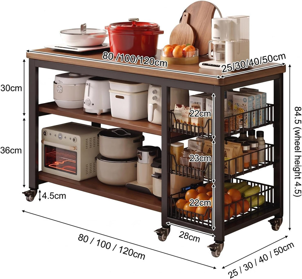 Rolling Kitchen Island Cart Microwave Stand with Dense Storage Baskets