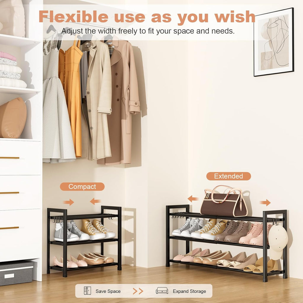 LANTEFUL 3-Tier Expandable Shoe Rack for Closet, Adjustable 18"-33" Metal Shoe Organizer for 12 Pairs, Shoe Shelf for Small Spaces, Entryway, Bedroom with 5 Hooks