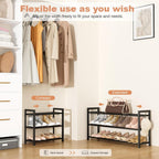 LANTEFUL 3-Tier Expandable Shoe Rack for Closet, Adjustable 18"-33" Metal Shoe Organizer for 12 Pairs, Shoe Shelf for Small Spaces, Entryway, Bedroom with 5 Hooks