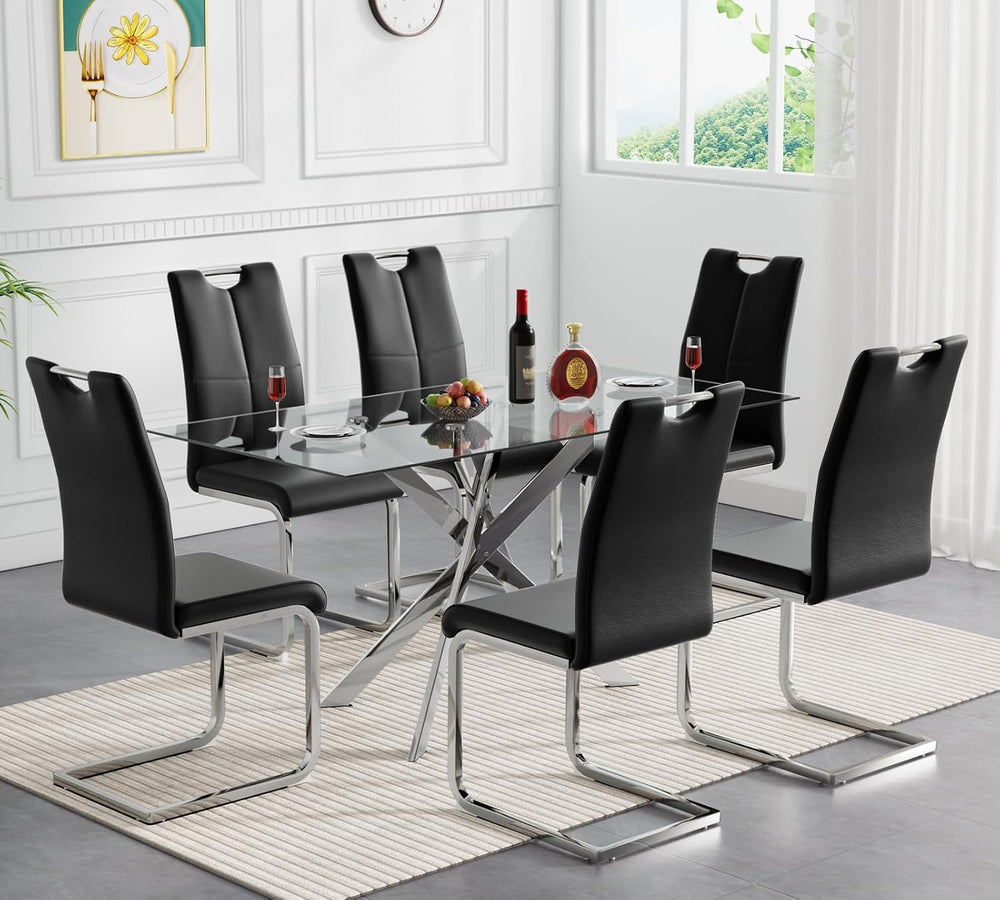 Modern Glass Dining Table Set for 6, Glass Silver Kitchen Table and Chairs Se...