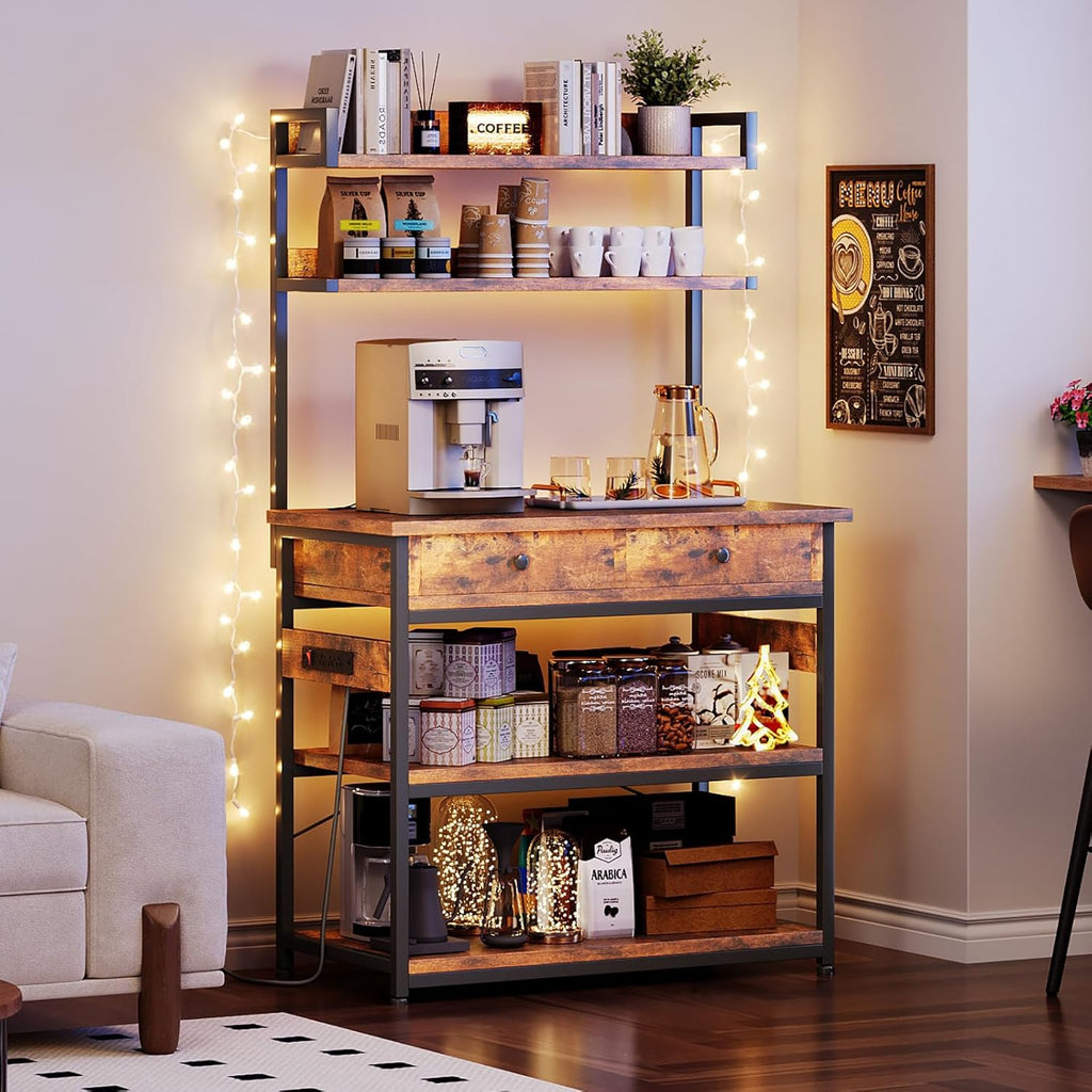 Mexin Bakers Rack with Power Outlets, 5-Tier Microwave Oven Stand with 2 Drawers, Kitchen Stand Coffee Bar Table with Storage, Heavy Duty Kitchen Shelves(Brown)