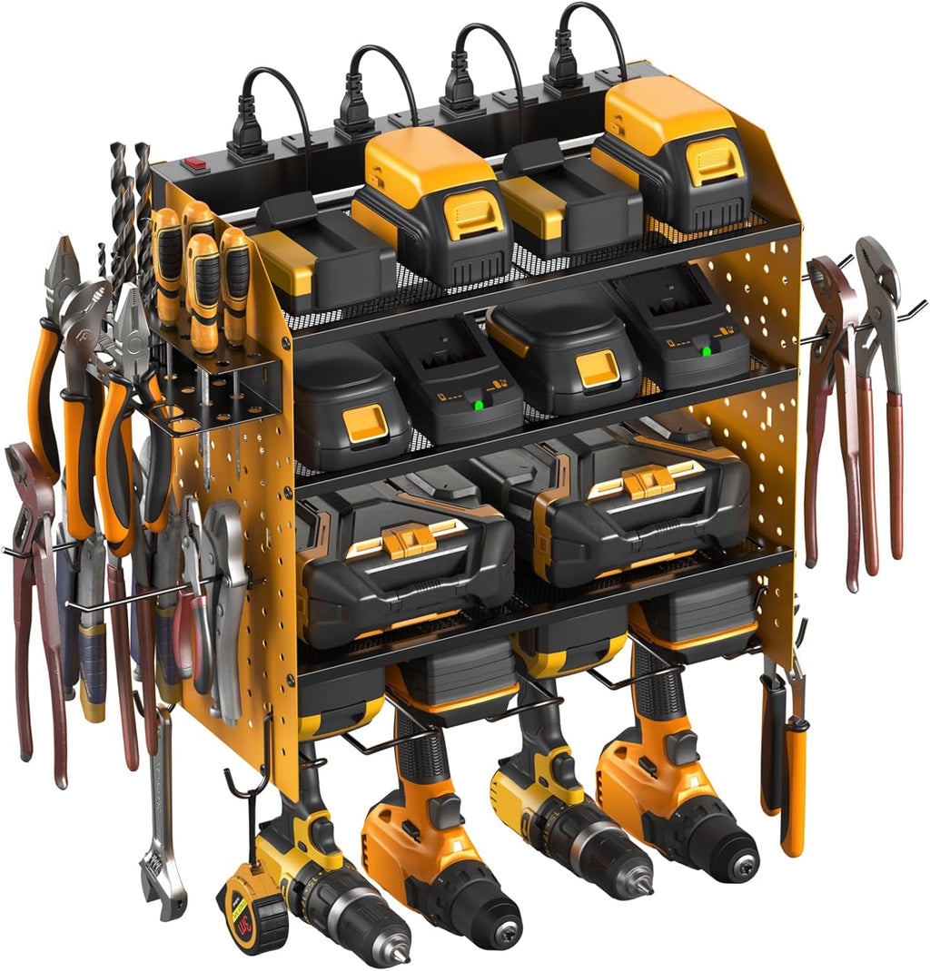 CCCEI Modular Pegboard Rack Power Tool Organizer with Charging Station. 4 Layer Wall Mount Drill Holder, Yellow Tool Battery Charger Organizer. Garage Shop Storage Utility Shelf with 10FT Power Strip