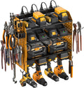 CCCEI Modular Pegboard Rack Power Tool Organizer with Charging Station. 4 Layer Wall Mount Drill Holder, Yellow Tool Battery Charger Organizer. Garage Shop Storage Utility Shelf with Power Strip.