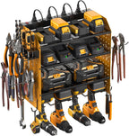 CCCEI Modular Pegboard Rack Power Tool Organizer with Charging Station. 4 Layer Wall Mount Drill Holder, Yellow Tool Battery Charger Organizer. Garage Shop Storage Utility Shelf with Power Strip.