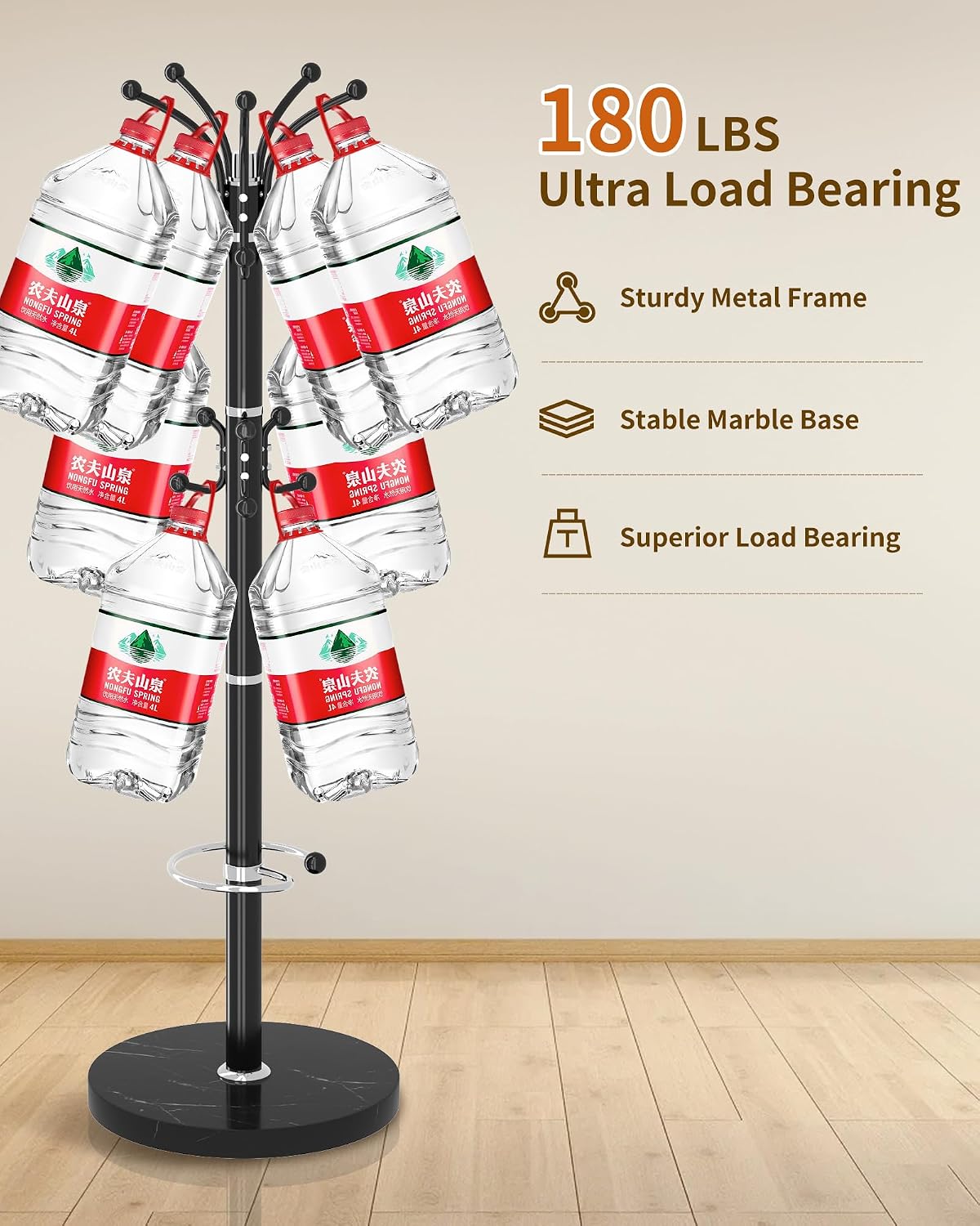 Metal Coat Rack, Modern Coat Rack Stand, 360°Rotary Coat Tree Stand | Heavy Duty Coat Rack Freestanding with Natural Marble Base, Black Clothes Tree Hanger Stand with 14 Hooks & Umbrella Holder