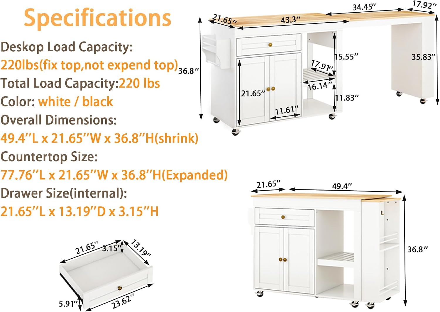 JassmiPkwy 78'' Rolling Kitchen Island with Extendable Dining Table for 4, Kitchen Islands on Wheels w/Pull Out Table, Drawer, 2-Tier Storage Shelf, Hooks, White