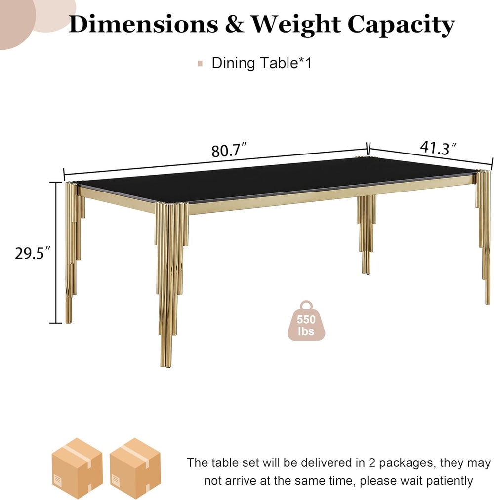 80" Large Glass Dining Table, Modern Rectangle Kitchen Table with Gold S...