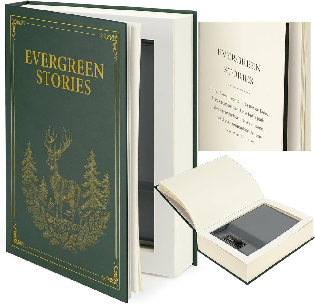 Large Decorative Book Safe with Combination Lock, 10.82"×7.67"×1.77" Hidden Storage Diversion Box for Cash, Phone, Passport, Valuables – Home Office Bookshelf, Evergreen Stories