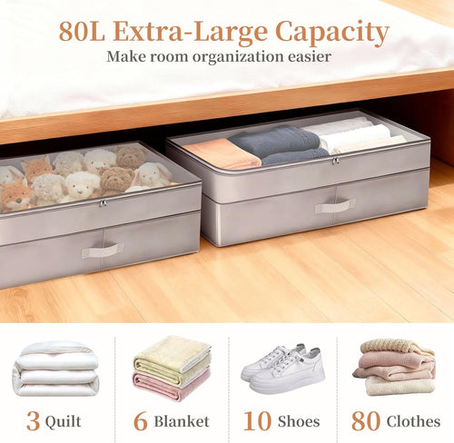 2 Pack 80L Under Bed Storage, Adjustable Height Large Storage Bins With Lids Handles Label Holder, Underbed Storage Containers for Blanket Clothes Shoes Bedroom Closet, Grey