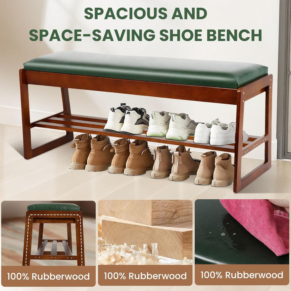 FAHKNS Shoe Bench with Leather Cushion 2 Tiers Shoe Rack 39.4" Rubberwoo...