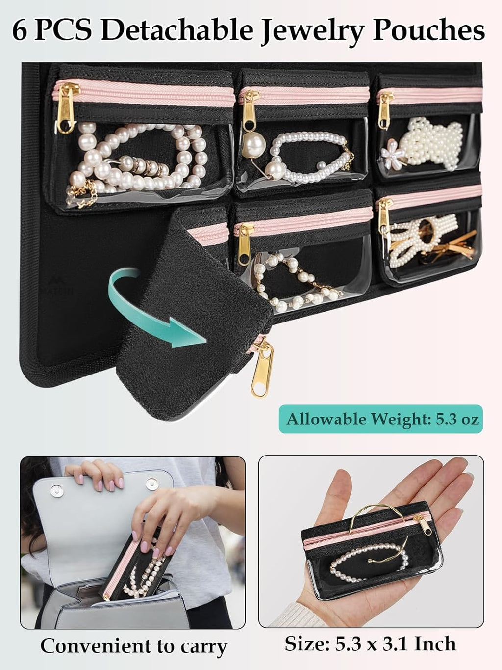 MATEIN Hanging Jewelry Organizer with Removable Travel Jewelry Pouch, Tangle Free Necklace Hanger Wall Mount with Metal Hook, Large Earring Storage Holder for Bracelet Ring Display, Gifts for Her