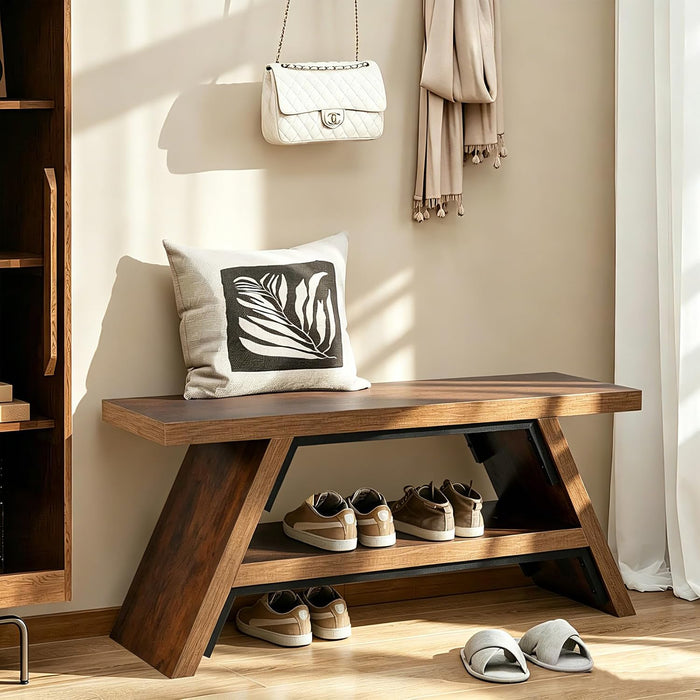 2-Tier Shoe Storage Bench, 40" Solid Wood Entryway Stool Storage