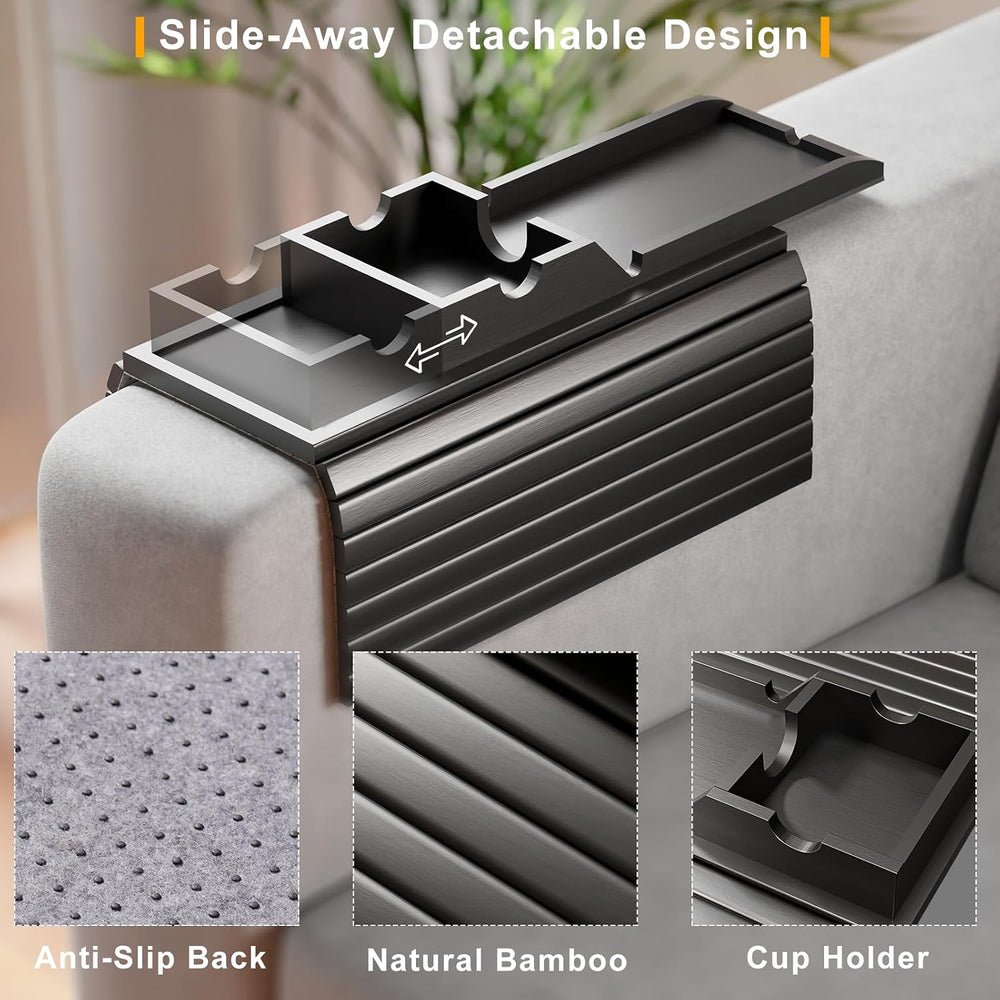 Bestjing Bamboo Couch Armrest Table, Sofa Arm Tray with Detachable Couch Cup ...