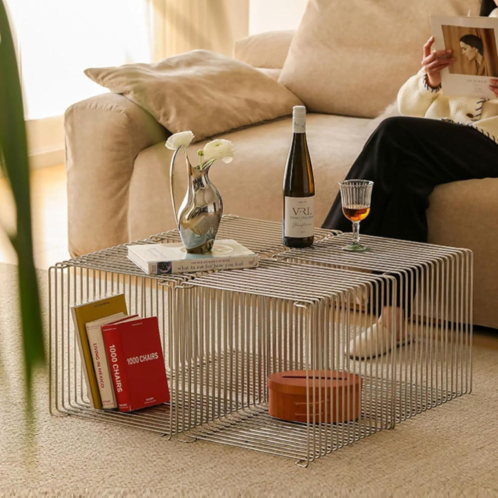 Stainless Steel Side Table, Metal Side Table with Wire Cube Storage, Retro Sq...