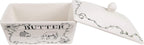 Creative Co-Op Country Stoneware Butter Dish with Lid, "Spread the Love" Message, and Farm Line Drawing, White and Black, Food, Microwave, and Dishwasher Safe