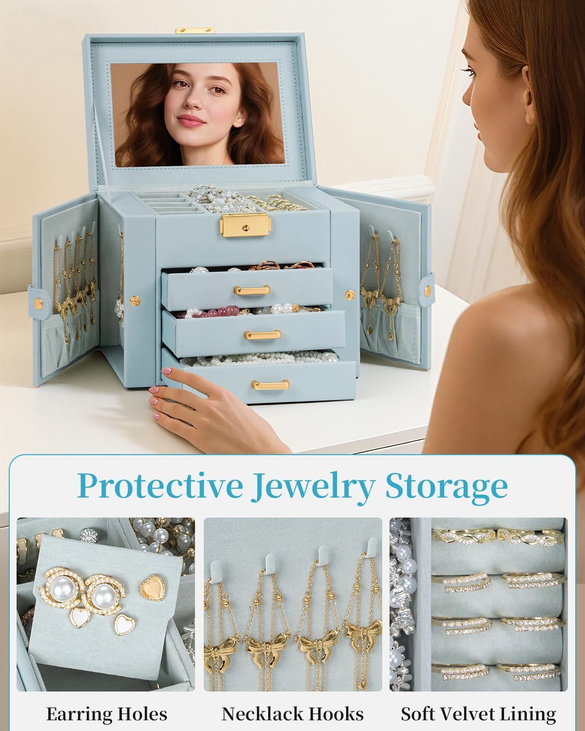 TORIBIO Jewelry Box for Women, Leather Jewelry Organizer with Mirror & Lock, 4-Tier Jewelry Storage Organizer with 3 Drawers for Girls/Women/Mothers, Necklace Earring Bracelets Holder Organizer